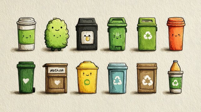 A set of doodle trash can and recycling icons