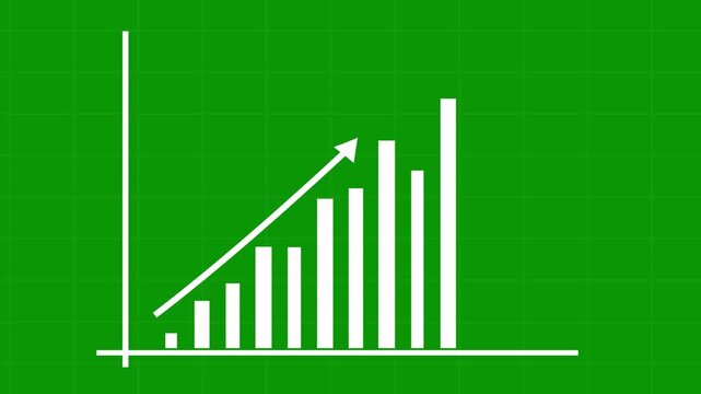 Business graph chart with growing business concept, hi-tech style technology chart with a grid, arrows axis, 4k animation, Going up business graph concept on green background.