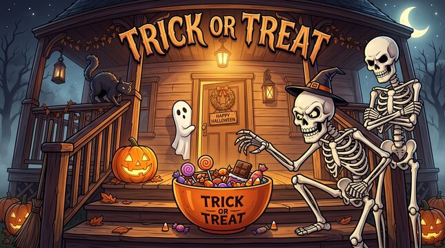 Skeleton and ghost handing out trick or treat candy at Halloween Vector