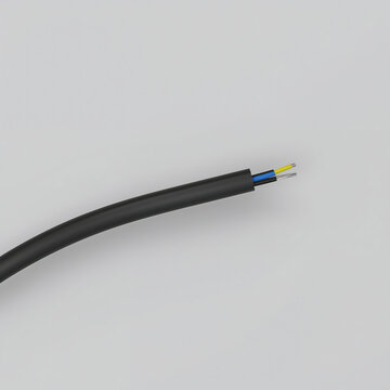 A black electrical cable with exposed internal wires showing blue and yellow insulation isolated on a light gray background, for technical diagrams