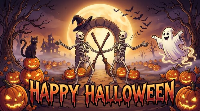 Happy Halloween illustration with skeletons and ghosts celebrating Vector