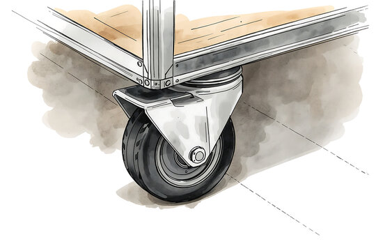 A close-up watercolor of a heavy-duty industrial swivel caster wheel attached to the corner of a wooden platform with metal frame