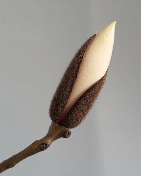 A close-up view of a single magnolia flower bud with a creamy white tip and textured brown fuzzy sepals, attached to a branch on a grey background