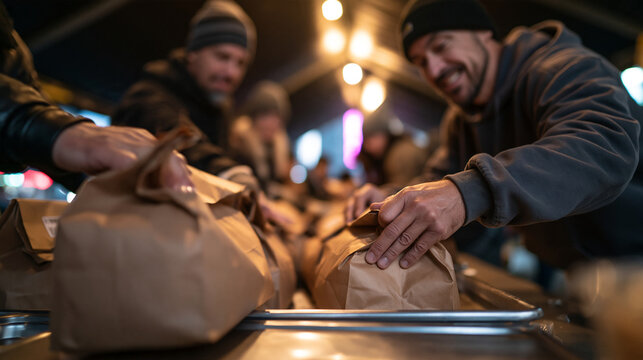 Volunteers Packing Food Bags for Community Charity Donation