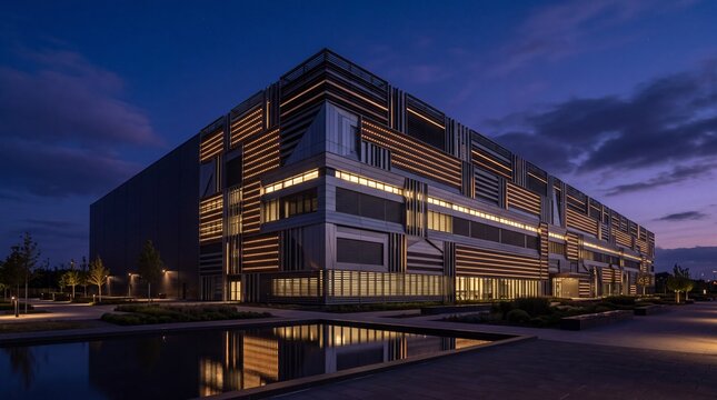 Modern Data Center and Corporate Building Illuminated at Dusk