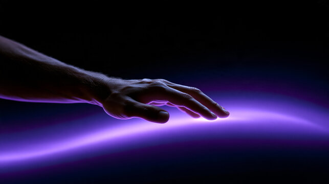 Hand Touching Glowing Purple Digital Light Wave