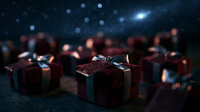 Red Velvet Gift Boxes Under Starry Night Sky