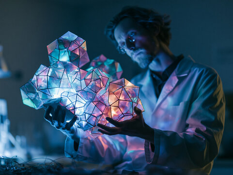 Scientist Examining Glowing Geometric Quantum Structure in Lab