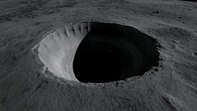 A large circular crater on a desolate rocky lunar landscape with deep shadows and rugged terrain visible under harsh lighting in outer space view