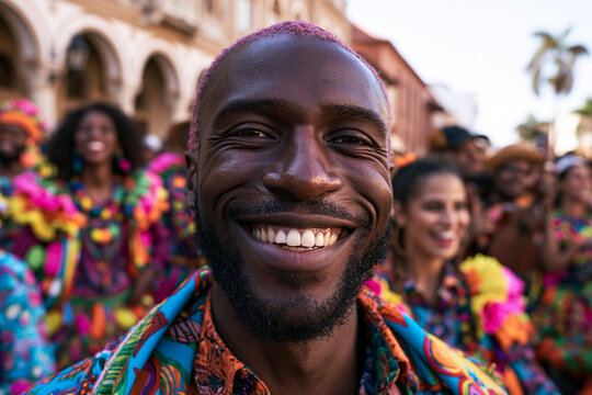 Smiling Black Man Celebrating at Vibrant Street Carnival Parade