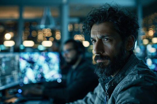 Focused Software Engineer Working Late in Modern Tech Office