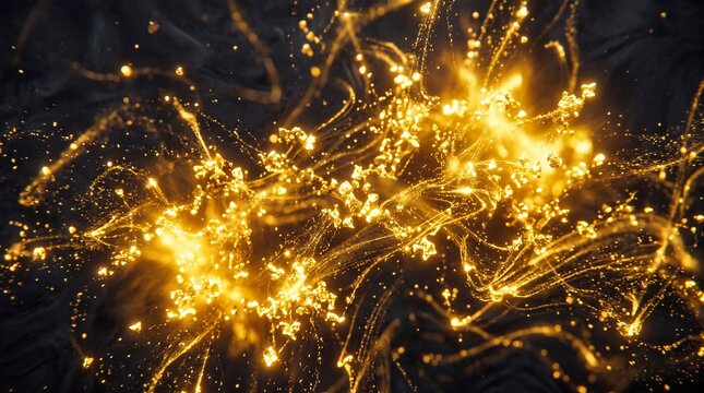 Golden Glowing Glitter Particles Flowing on Dark Background