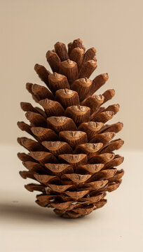 A single brown pine cone standing upright on a plain light beige background, showing detailed woody scales and natural organic texture patterns