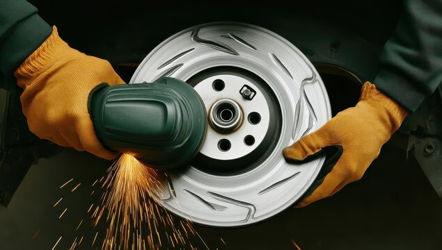 A mechanic meticulously grinds a car brake rotor using a power tool, sparks flying
