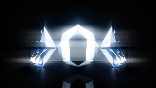 Blue sapphire crystals in symmetric glow with bright light flares, elegant gemstone VJ loop for jewelry ads