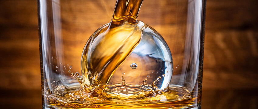 Whiskey Pouring Over Spherical Ice Ball in Glass with Golden Liquid Splash Detail