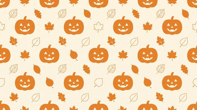 Seamless autumn background pattern features orange jack o lantern pumpkins and falling leaves.