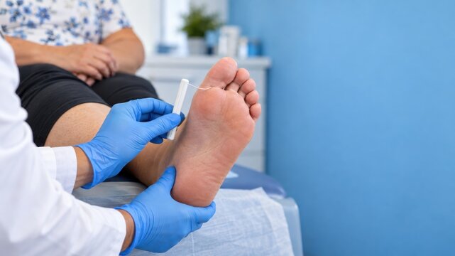 Clinician Performing Monofilament Sensation Test on Patient Foot During Diabetes Screening