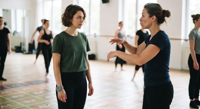 Woman dancing instructor coaching student in bright dance studio interior.