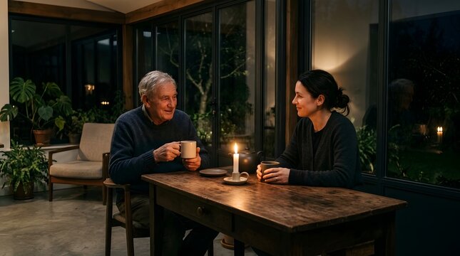 Senior man and adult daughter talking over tea at candlelit wooden table