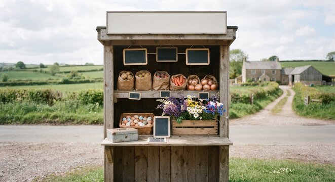 Rustic wooden farm stand selling fresh vegetables eggs and flowers in countryside landscape.