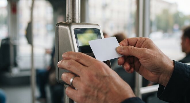 Passenger hand using a contactless smart card to pay for fare at a public transport validator.
