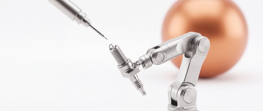 Precision industrial robotic arm performing a delicate inspection on an automotive spark plug electrode with a metallic probe, concept of automated manufacturing and quality control.