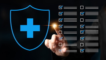 Fototapeta premium Illustrative representation of health insurance security, showcasing a shield and checklist, symbolizing assurance and confidence in healthcare services and management decisions. Cyphers