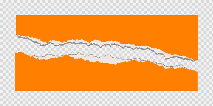 Orange paper sheet with a horizontal torn edge in the middle, creating two separate pieces with rough, uneven edges, a transparent background