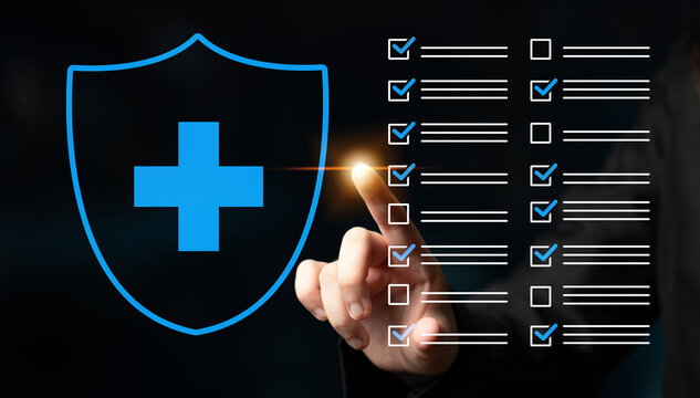 Illustrative representation of health insurance security, showcasing a shield and checklist, symbolizing assurance and confidence in healthcare services and management decisions. Cyphers