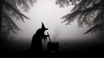 Fototapeta premium Silhouette of witch stirring cauldron in foggy dark forest. Halloween witchcraft concept in monochrome woods
