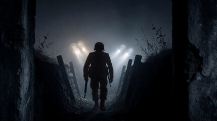 Fototapeta premium Silhouette of a soldier walking through a wartime trench at night. Military infantryman in helmet moving along sandbag fortifications under searchlights