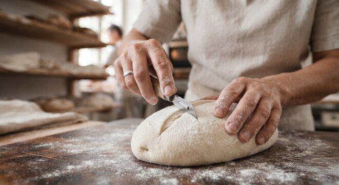 Baker hands cutting and scoring raw artisan sourdough bread loaf with a blade on a wooden table.