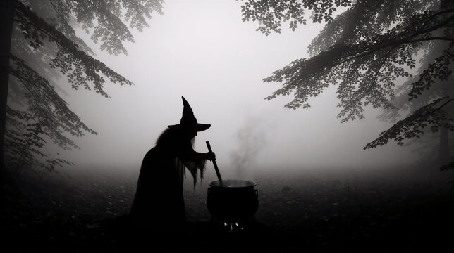 Silhouette of witch stirring cauldron in foggy dark forest. Halloween witchcraft concept in monochrome woods