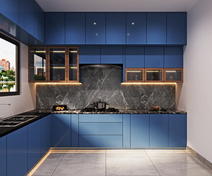 Modern luxury kitchen interior design featuring deep blue cabinets marble backsplash and warm under cabinet lighting in a contemporary home