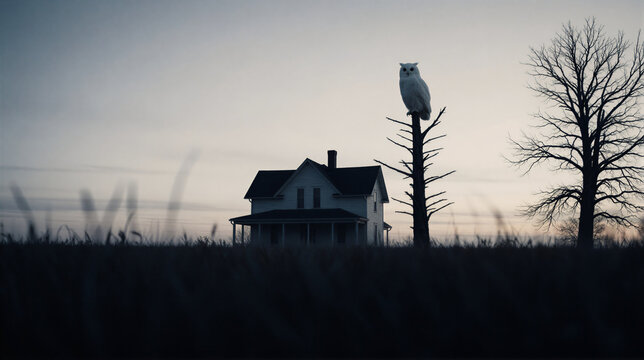 White owl perched atop dead tree near rural farmhouse at dusk. Solitary bird of prey in dark field beside isolated house