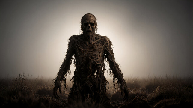 Decaying swamp monster rising from muddy ground. Spooky mummy zombie emerging in foggy field. Dark fantasy horror concept