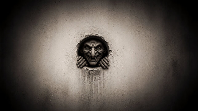 Creepy monster face peeking through circular wall hole. Menacing goblin with sharp grin emerging from plaster hole. Horror concept