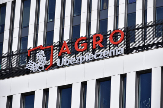 AGRO Ubezpieczenia insurance company signage, logo, emblem on the office facade. WARSAW, POLAND - APRIL 30, 2026