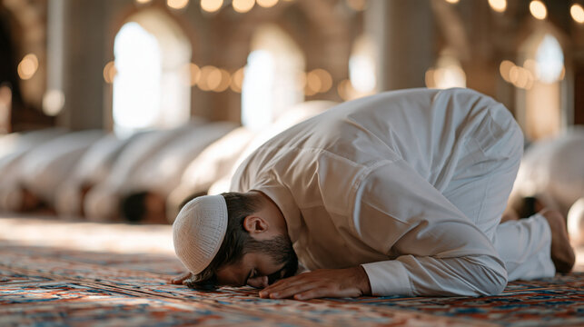 Rows of faithful Muslim men prostrating in synchronized sujood on ornate carpeted floors inside a vast domed mosque, foreheads touching ground in submission, filtered daylight