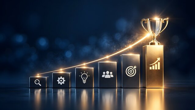 Metallic steps leading to a glowing golden trophy with business strategy icons representing ultimate corporate success and goal achievement