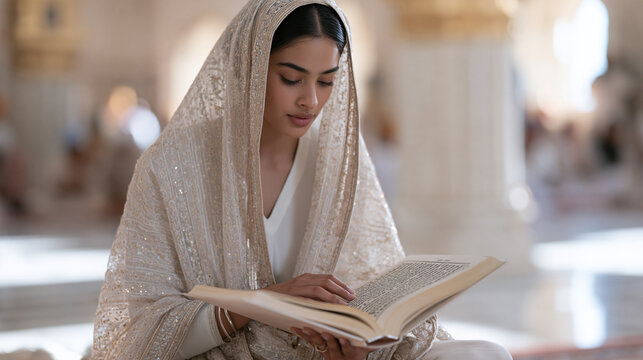 Teenage Sikh girl in a flowing dupatta reads from the Guru Granth Sahib at a Gurdwara, natural afternoon light, religious education, Sikhism, sacred text, youth spirituality,
