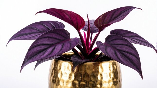 Purple philodendron plant grows in gold hammered pot. Exotic tropical houseplant with dark violet leaves sits on white background. Elegant indoor plants for home decor, botanical design, wellness