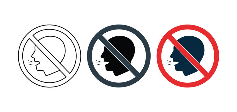 No talking prohibition sign icon set with human head silhouette, representing keep quiet request, silence rule, noise restriction, and voice ban signal.