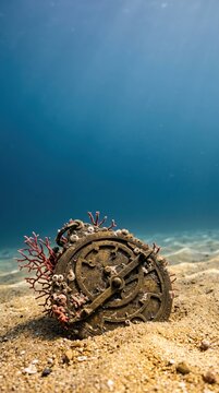 Ancient brass astrolabe resting on sandy ocean floor