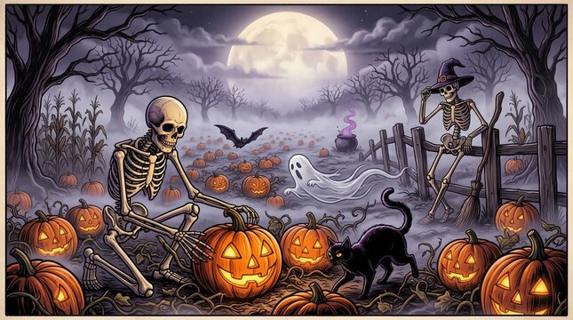 Skeleton sitting with carved pumpkins in Halloween scene Vector