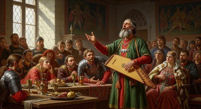 An ancient singer shares a story to the court, playing a medieval instrument, while noble men and women watch and listen intently to the bard