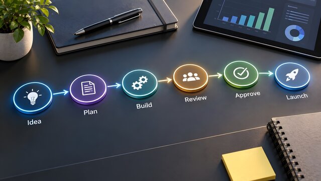 Digital glowing workflow process icons on an office desk showing idea to launch project management phases and business strategy
