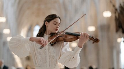 Obraz premium A violinist pauses mid-performance inside a grand cathedral nave and looks upward at the vaulted ceiling, natural reverence, music and spirituality, sacred space inspiration,