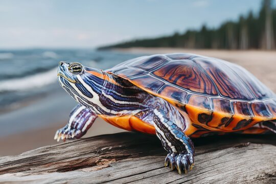 Red-eared slider on log, waterside view. Colorful shell and head markings showcased. Focus: vibrant reptile, peaceful habitat